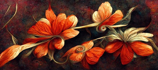 Wall Mural - Abstract flower fantasy of petal swirls, vibrant bright autumn colors of burnt orange, red, touch of emerald green and sunflower yellow. Gorgeous decoration & blooming beautiful design background.