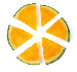 Wall Mural - Cut yellow water melon isolated on white background, Top view.