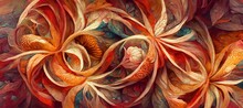 Abstract Flower Fantasy Of Petal Swirls, Vibrant Bright Autumn Colors Of Burnt Orange, Red, Touch Of Emerald Green And Sunflower Yellow. Gorgeous Decoration & Blooming Beautiful Design Background.
