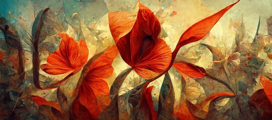 Wall Mural - Abstract flower fantasy of petal swirls, vibrant bright autumn colors of burnt orange, red, touch of emerald green and sunflower yellow. Gorgeous decoration & blooming beautiful design background.