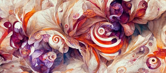 Wall Mural - Abstract flower fantasy of petal swirls, vibrant bright autumn colors of burnt orange, red, touch of emerald green and sunflower yellow. Gorgeous decoration & blooming beautiful design background.