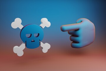 Poster - Beautiful illustrations abstract Hand index finger points to skull and bond symbol icon on a multicolor bright background. 3d rendering illustration. Background pattern for design. .