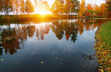 Sticker - Autumn landscape with lake, green grass and colourful trees