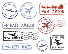 Beautiful Grungy Old Rubber Post Stamp By Air Mail With A Plane Vector Set