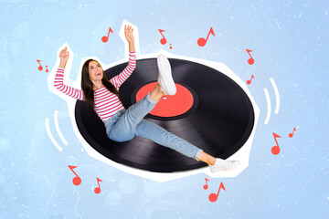 Wall Mural - Collage picture of excited positive girl have fun good mood huge vinyl record drawing melody symbols isolated on painted background