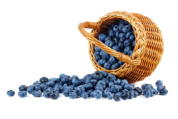 Wall Mural - Out of a basket blueberry in wicker basket isolated on a white background