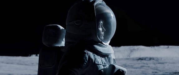 Wall Mural - cu portrait of caucasian female lunar astronaut finds something and kneels while exploring moon surf