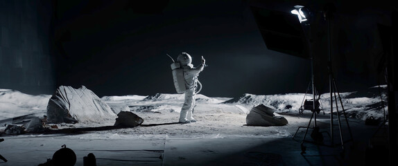 Wall Mural - wide male actor in astronaut suit making selfie on a moon lunar movie shooting set