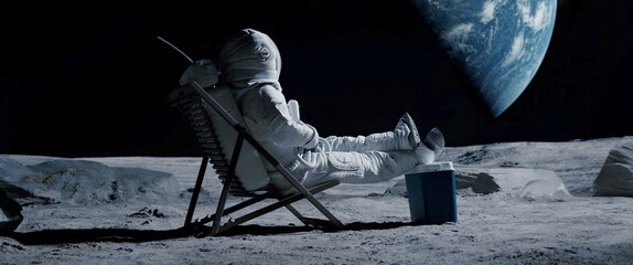 Wall Mural - lunar astronaut chilling on a beach chair with refrigerator bag on moon surface, enjoying view of ea