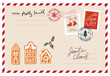 © Irina Balashova - Christmas envelope with stamps, seals, gingerbread houses and inscriptions to Santa Claus.