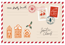 Christmas Envelope With Stamps, Seals, Gingerbread Houses And Inscriptions To Santa Claus.