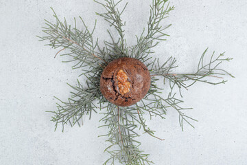 One chocolate cookie with walnut on white background