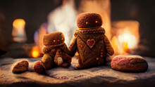Fall In Love Gingerbread Man And Woman In Front Of The Cozy Fireplace At Christmas Time
