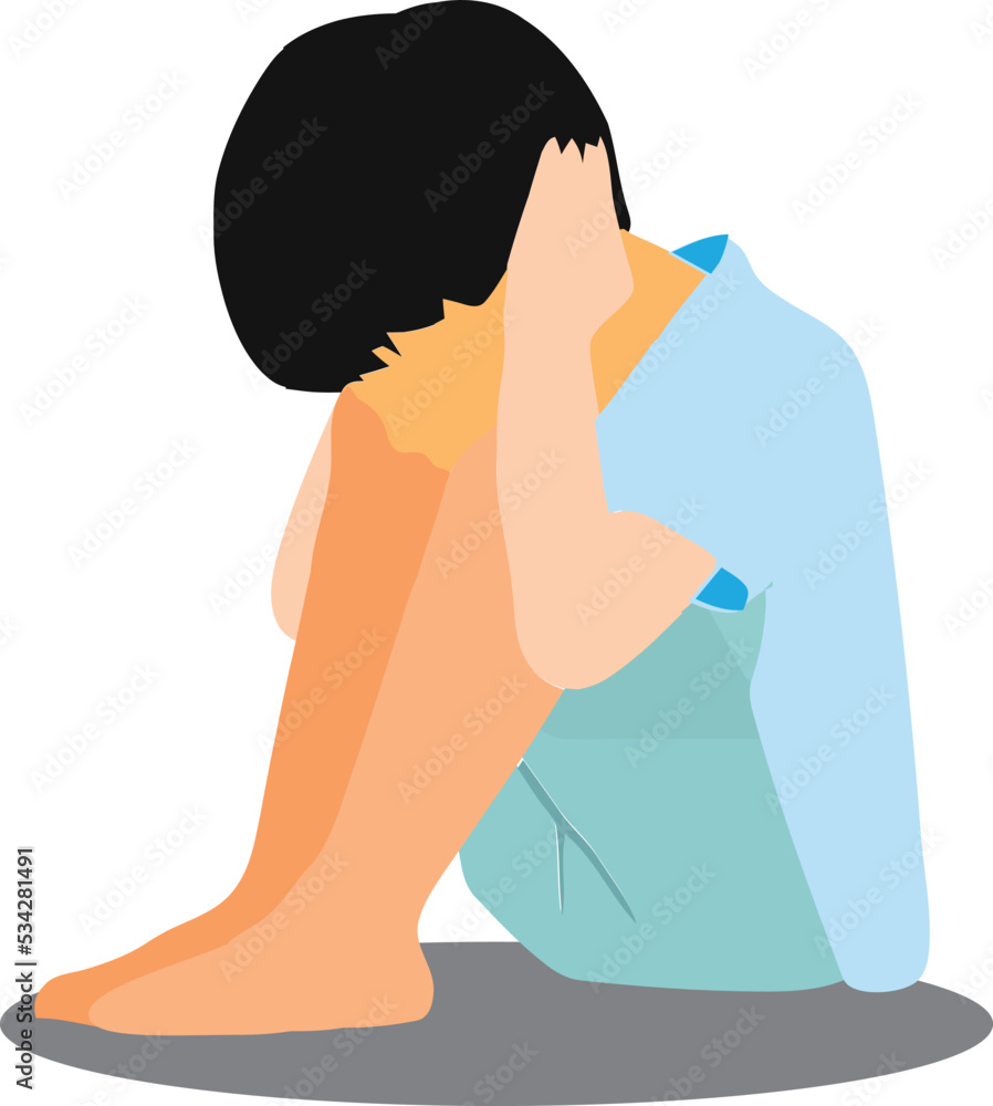 Depressed boy sitting on the floor hugging tight his knees. Mental ...