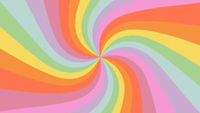 Hippie Trippy Retro Background For Psychedelic 60s 70s Parties With Bright Rainbow Colors And Groovy Rainbow Starburst Sunburst  Swirl Pattern In Pop Art Style.