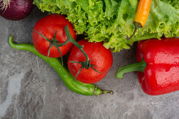 Wall Mural - A lot of fresh vegetables on marble background