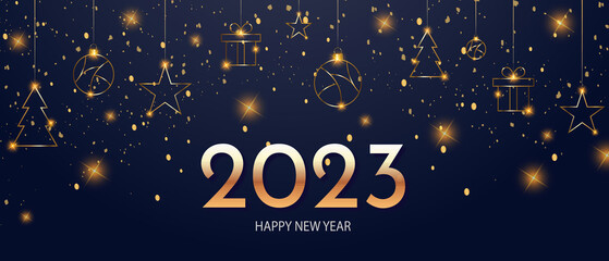 Happy new 2023 year background with golden elements. Holiday winter greeting banner