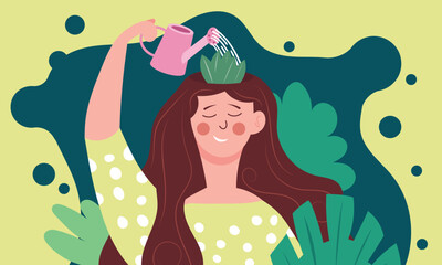 Positive growth mindset in woman and optimistic vision of life. Girl is watering the flowers in head and brain. Human mental and psychological health or motivation with development vector illustration