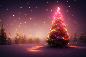 digital illustration of magic christmas tree against snowy landscape with fir trees and shining star