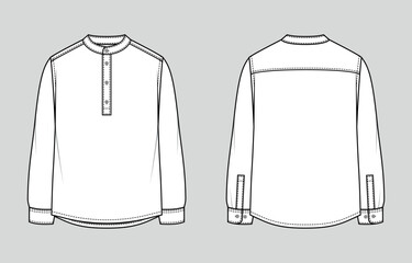 Wall Mural - Stand-up (mandarin) collar and half plancket men's shirt. Regular Fit. Vector illustration. Flat technical sketch. Mockup template.	