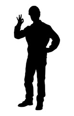 Wall Mural - Silhouette of worker with a helmet. A worker holding a sign. Vector flat style illustration isolated on white	