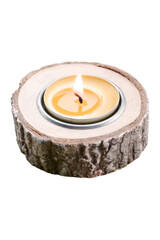 Wall Mural - Small beewax tealight in round wood. Organic christmas decoration  isolated on transparency photo png file 