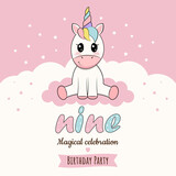 Fototapeta Dinusie - Invitation, birthday card with unicorn. 9 years. Vector illustration