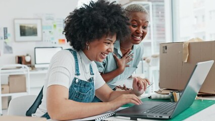 Canvas Print - High five, wow and motivation with creative business women celebration, success or target in office at work together. Teamwork, collaboration and goal with employee and her corporate partner working