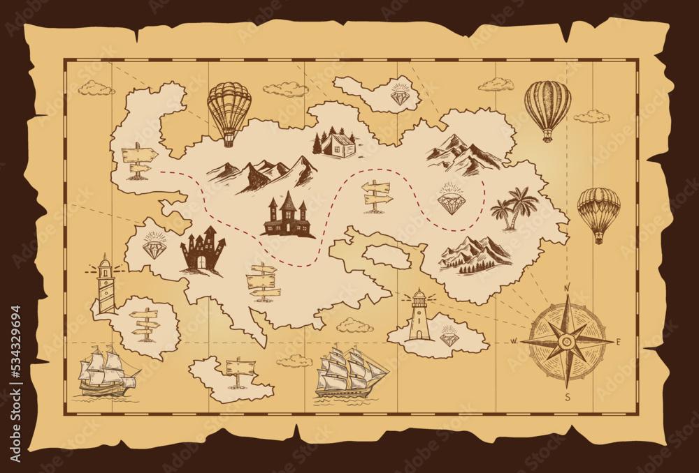 Old treasure map vector sketch. Hand drawn illustrations, vector. Stock ...