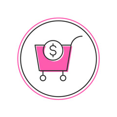 Sticker - Filled outline Shopping cart and dollar symbol icon isolated on white background. Online buying concept. Delivery service. Supermarket basket. Vector