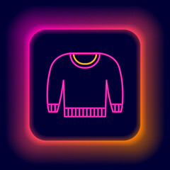 Sticker - Glowing neon line Sweater icon isolated on black background. Pullover icon. Sweatshirt sign. Colorful outline concept. Vector