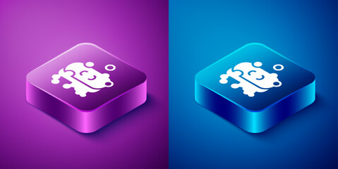 Sticker - Isometric Bar of soap with foam icon isolated on blue and purple background. Soap bar with bubbles. Square button. Vector