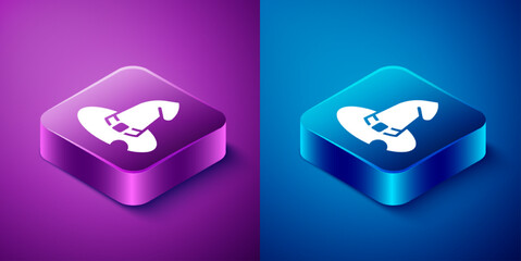 Sticker - Isometric Witch hat icon isolated on blue and purple background. Happy Halloween party. Square button. Vector