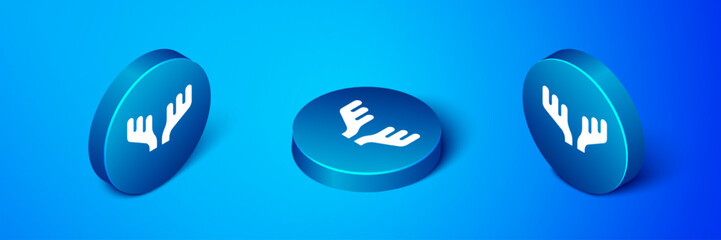 Poster - Isometric Deer antlers icon isolated on blue background. Hunting trophy on wall. Blue circle button. Vector