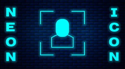 Glowing neon Camera focus frame line icon isolated on brick wall background. Vector