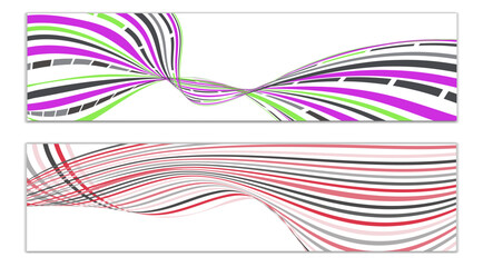 Wavy lines or ribbons. Set of 2 covers. Multicolored striped. Creative unusual background with abstract wave lines for creating a trendy banner, poster. vector eps