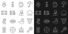 Set Line Magnifying Glass, England Flag On Pennant, Cloud With Rain, Wooden Beer Mug, Barrel, Flag Of Great Britain, British Police Helmet And Soldier Icon. Vector