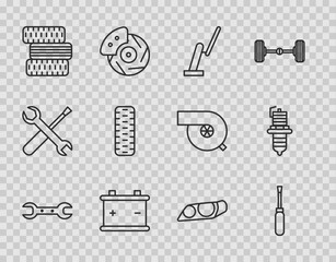 Wall Mural - Set line Wrench spanner, Screwdriver, Windscreen wiper, Car battery, tire wheel, headlight and spark plug icon. Vector