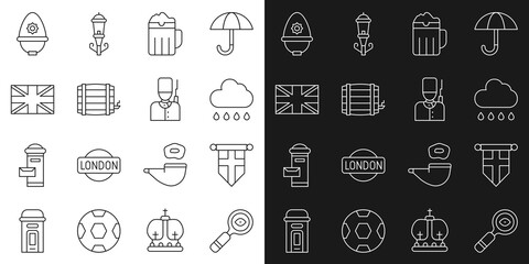 set line magnifying glass, england flag on pennant, cloud with rain, wooden beer mug, barrel, flag o