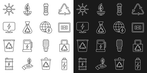 Poster - Set line Battery, Paper bag with recycle, Electrical outlet, Garbage, Lightning bolt, Solar energy panel and Global power planet icon. Vector