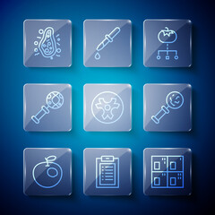 Sticker - Set line Genetically modified apple, Clinical record, Periodic table, food, Biohazard symbol, DNA research, search, Bacteria and Microorganisms under magnifier icon. Vector