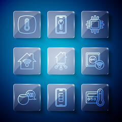 Canvas Print - Set line Voice assistant, Smartphone battery charge, Thermostat, Processor with CPU, home, wi-fi, and electrical outlet icon. Vector