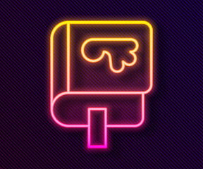 Poster - Glowing neon line Viking book icon isolated on black background. Vector