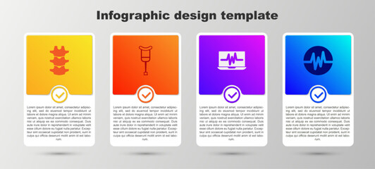 Sticker - Set Human spine, Crutch or crutches, Laptop with cardiogram and Heart rate. Business infographic template. Vector