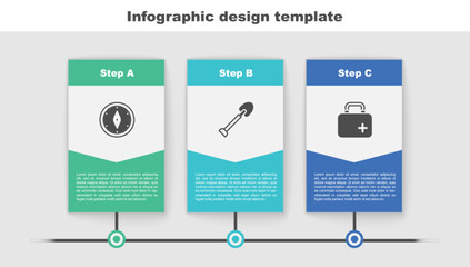 Sticker - Set Compass, Shovel and First aid kit. Business infographic template. Vector