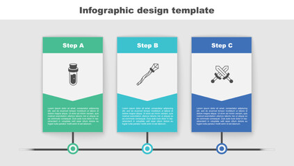 Sticker - Set Bottle with potion, Magic staff and Crossed medieval sword. Business infographic template. Vector