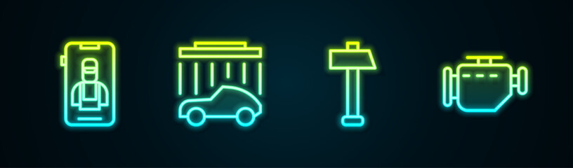 Canvas Print - Set line Online car services, Car wash, Hammer and Check engine. Glowing neon icon. Vector