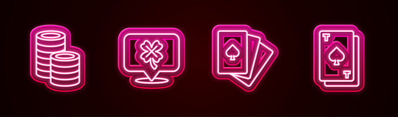 Sticker - Set line Casino chips, slot machine with clover, Deck of playing cards and Playing spades. Glowing neon icon. Vector