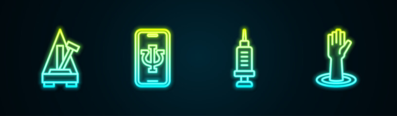 Poster - Set line Metronome with pendulum, Psychologist online, Addiction to the drug and Helping hand. Glowing neon icon. Vector