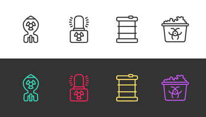 Poster - Set line Nuclear bomb, Radioactive warning lamp, waste barrel and Infectious on black and white. Vector